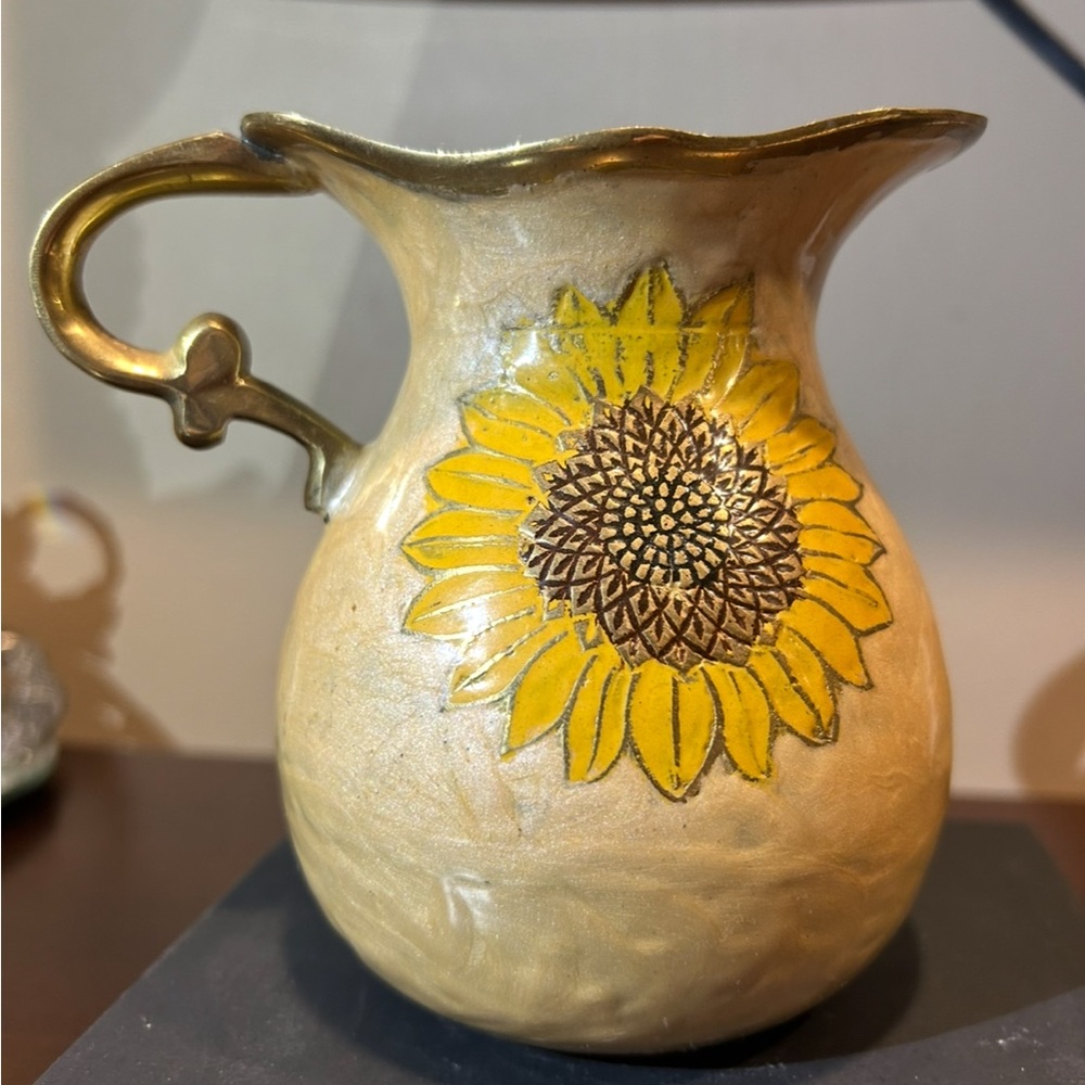 Sunflower Brass Enamel Pitcher with Gold Handle and Sunflowers